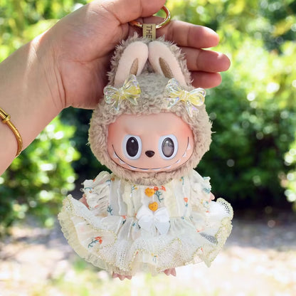 New 17Cm Monsters Labubu Floral Dress Korea Kpop Idol Dolls Outfit Accessories Keychain Pendant Have a Seat Labubu Clothes