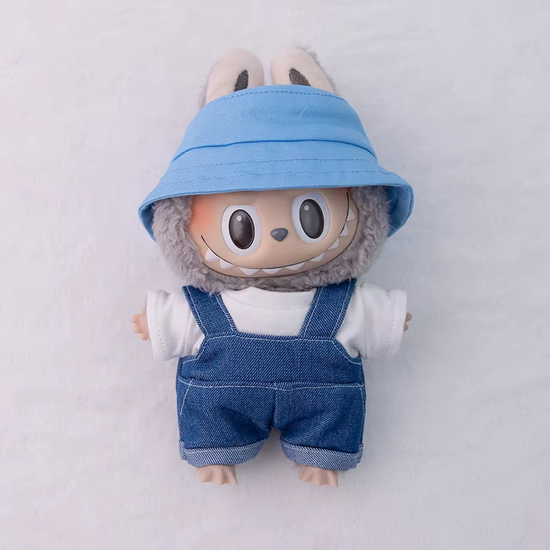 For 17Cm LABUBU Hat Sit Party Macaron Outfit Candy Color Doll Bucket Hat Cute Doll Accessories Kids Girls Toys