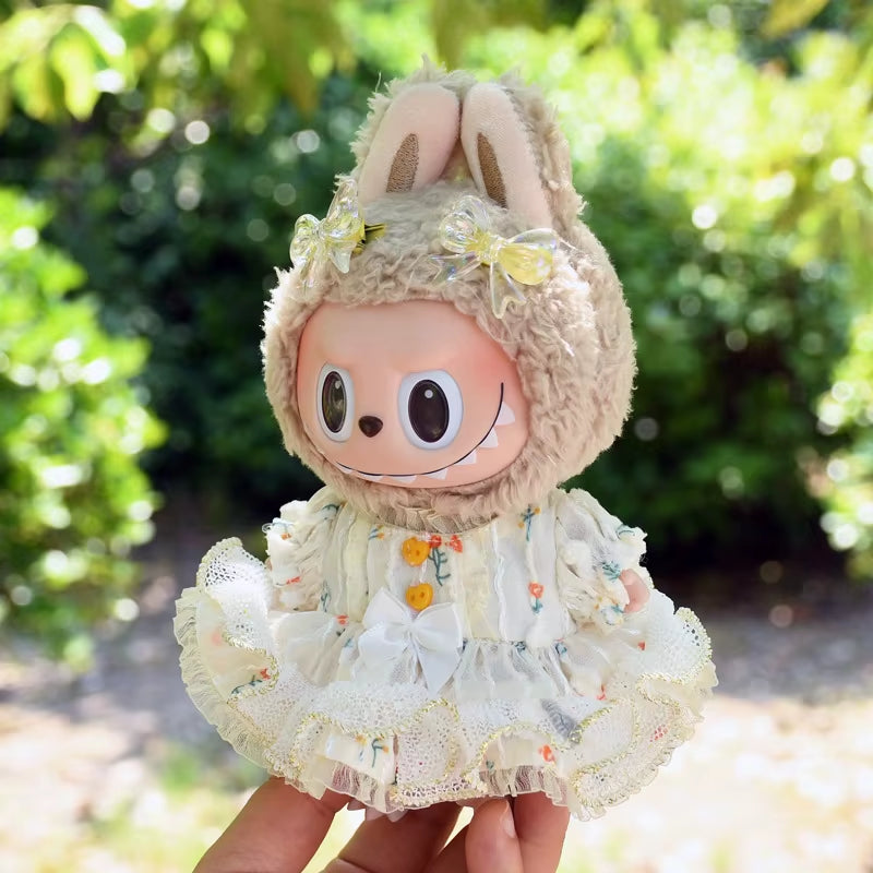 New 17Cm Monsters Labubu Floral Dress Korea Kpop Idol Dolls Outfit Accessories Keychain Pendant Have a Seat Labubu Clothes