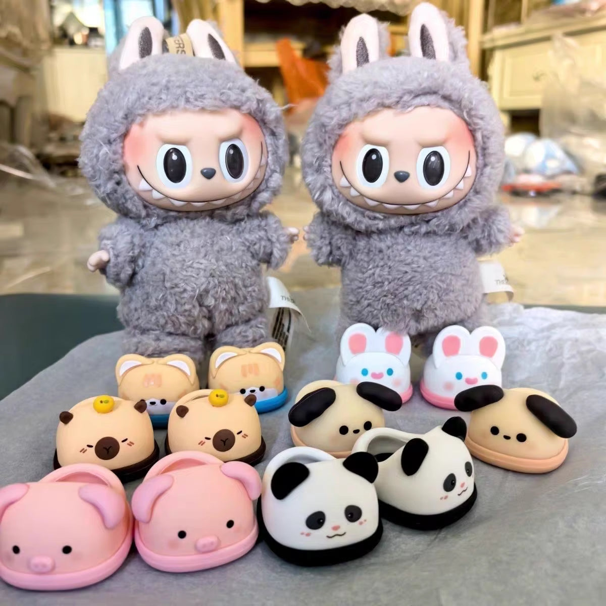 For 17Cm Mini Cute Labubu Macaron Vinyl Doll Cartoon Rubber Slippers Shark Lion Dance Style Labubu Accessories Ropa Labubu