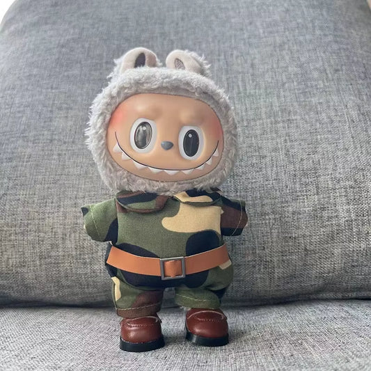 17Cm Cute Mini Plush Doll'S Clothes No Doll Outfit Accessories for Korea Kpop Exo Labubu Idol Dolls Camouflage Jumpsuit Clothing