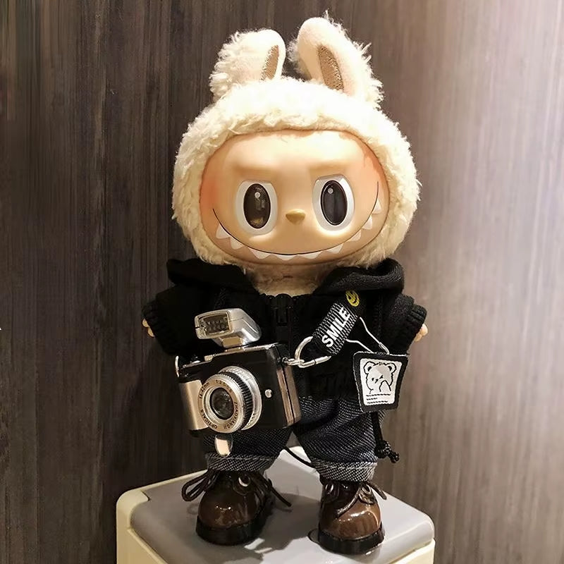 17Cm Fashion Mini Labubu Clothes Camera Plush Hoodie Idol Dolls Jumpsuit Clothing Fans Overalls Accessories for Korea Kpop Exo