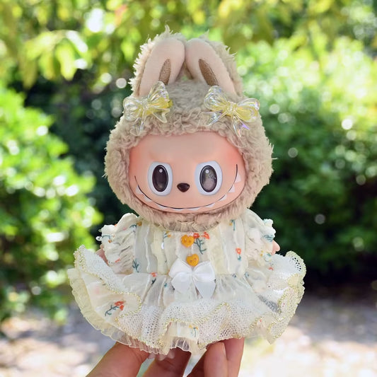 New 17Cm Monsters Labubu Floral Dress Korea Kpop Idol Dolls Outfit Accessories Keychain Pendant Have a Seat Labubu Clothes